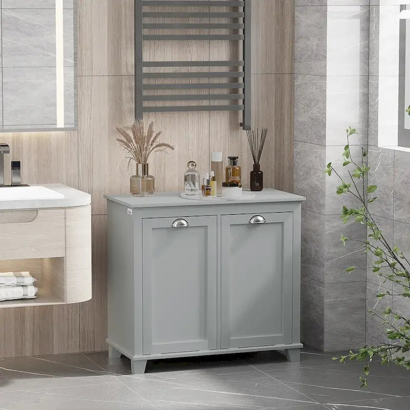 Meuble de tri de linge inclinable, Organisateur de rangement de salle de bain avec panier à linge double compartiment inclinable