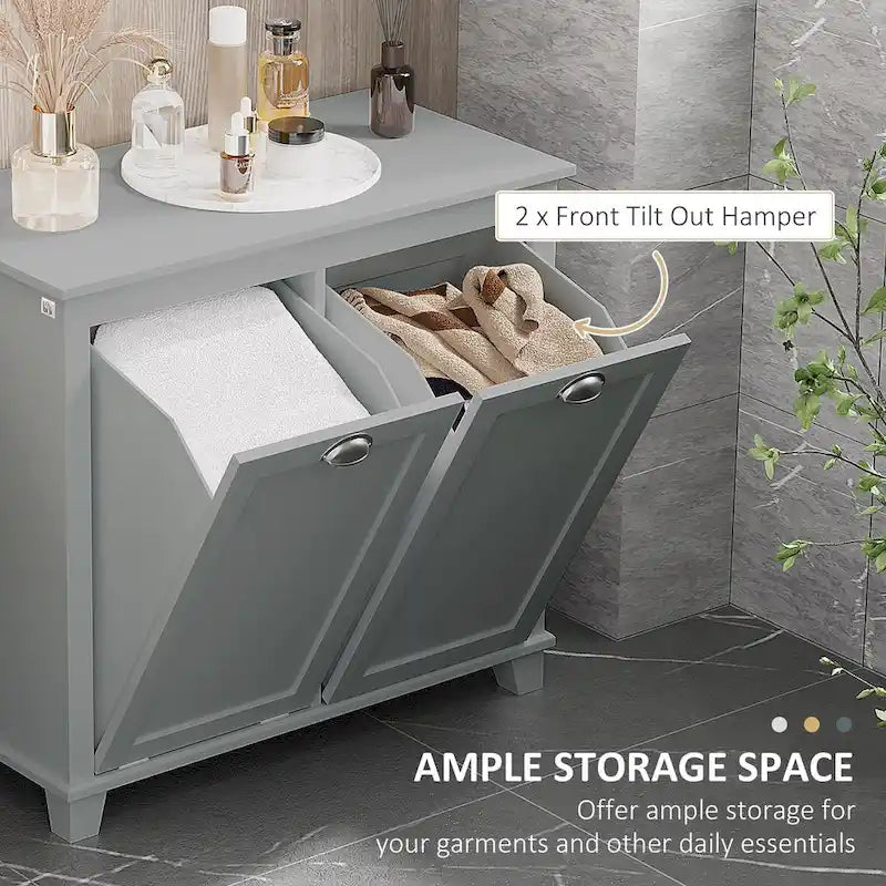 Meuble de tri de linge inclinable, Organisateur de rangement de salle de bain avec panier à linge double compartiment inclinable