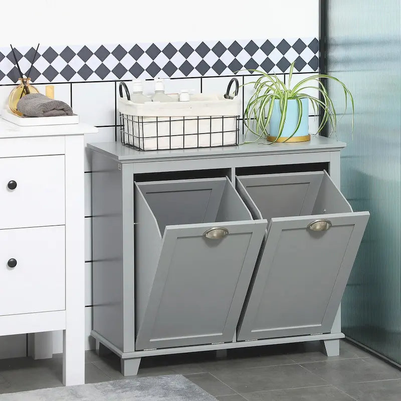 Meuble de tri de linge inclinable, Organisateur de rangement de salle de bain avec panier à linge double compartiment inclinable