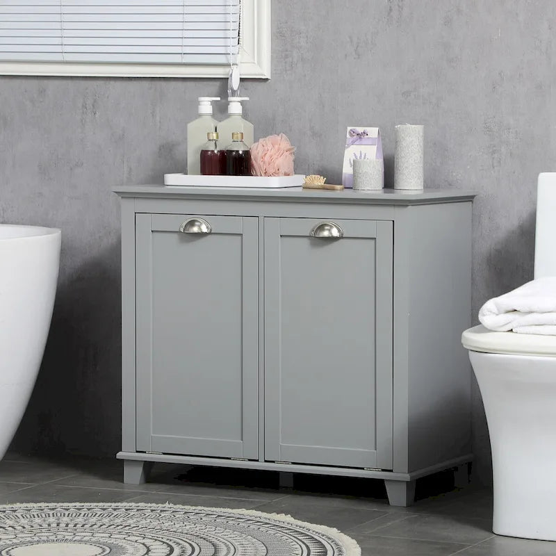 Meuble de tri de linge inclinable, Organisateur de rangement de salle de bain avec panier à linge double compartiment inclinable