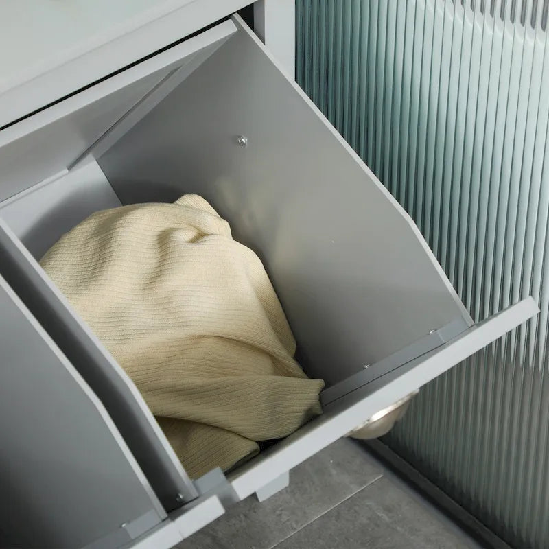 Meuble de tri de linge inclinable, Organisateur de rangement de salle de bain avec panier à linge double compartiment inclinable