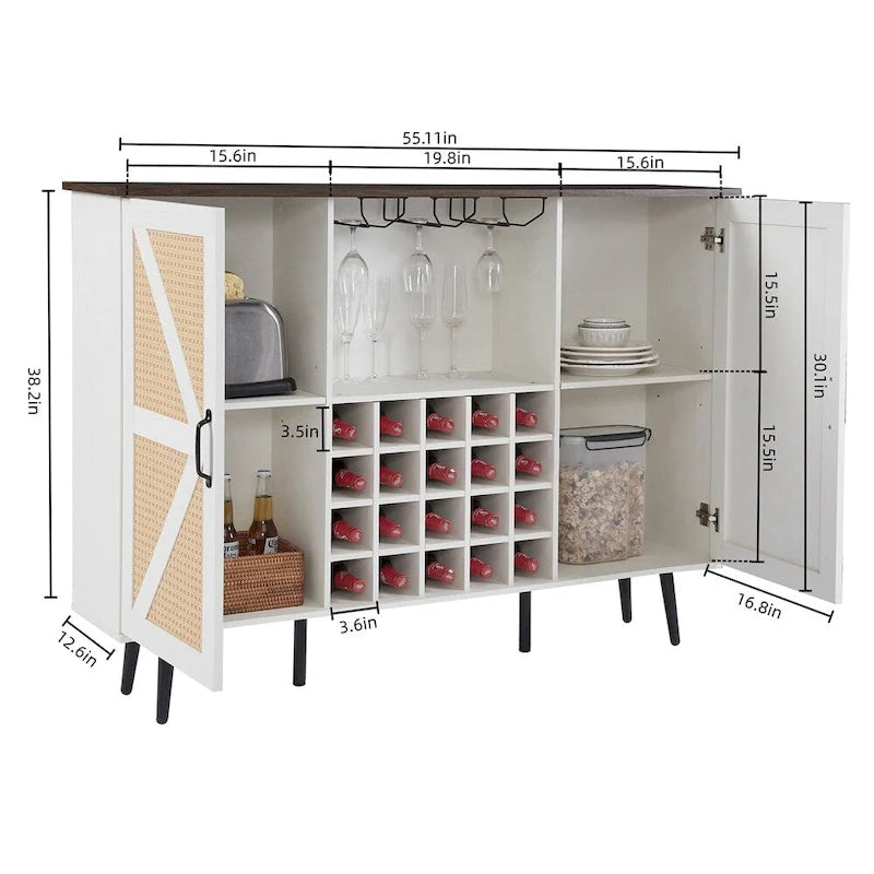 Meuble de bar d'angle en faux rotin avec porte de grange, range-bouteilles et porte-verres