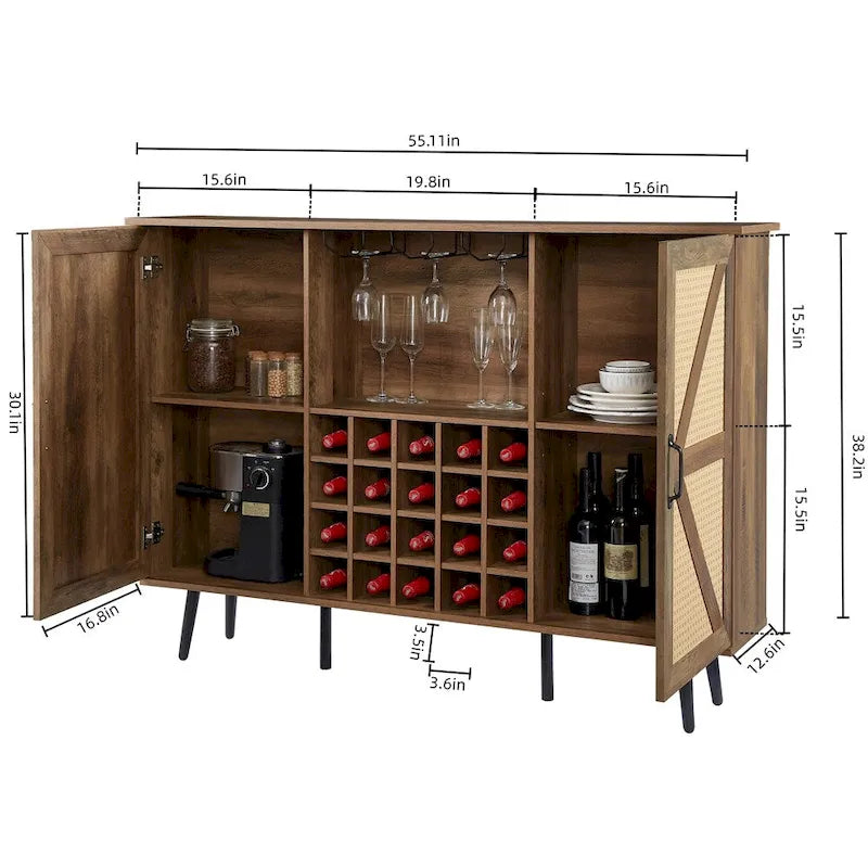 Meuble de bar d'angle en faux rotin avec porte de grange, range-bouteilles et porte-verres