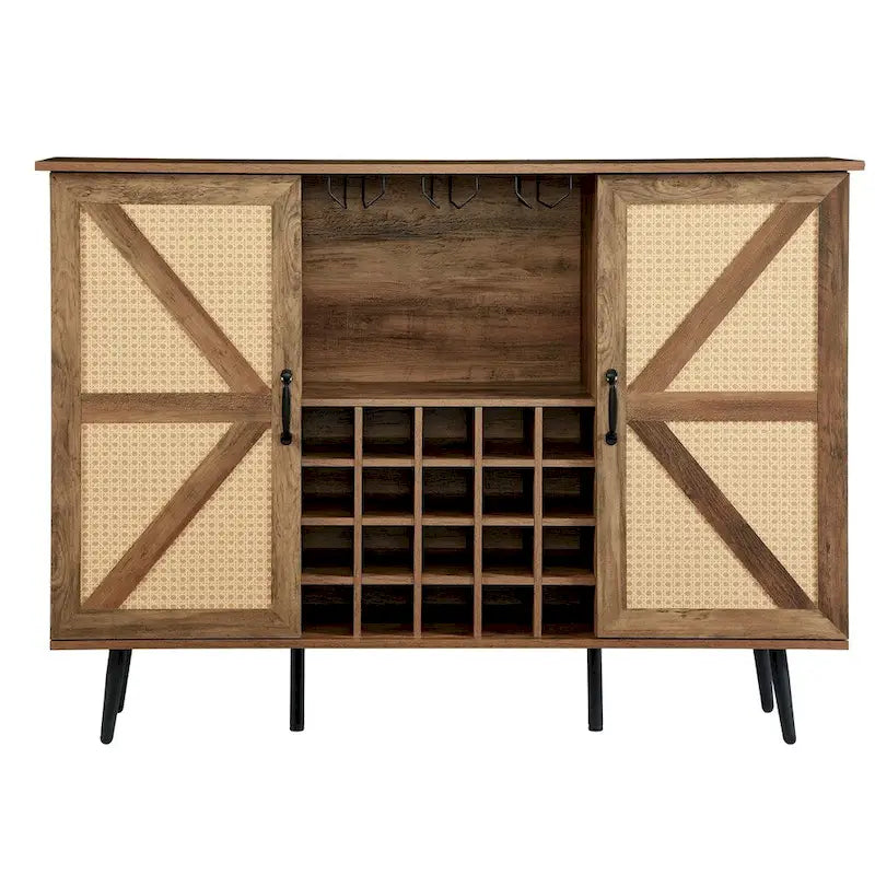 Meuble de bar d'angle en faux rotin avec porte de grange, range-bouteilles et porte-verres