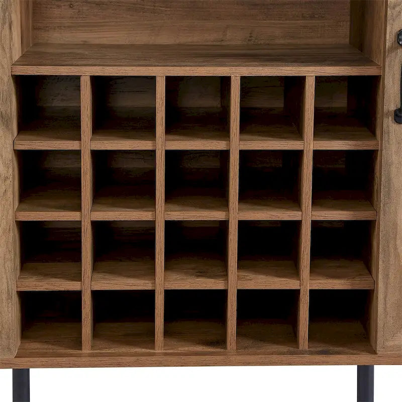 Meuble de bar d'angle en faux rotin avec porte de grange, range-bouteilles et porte-verres