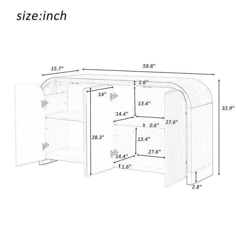 Meuble à 4 portes avec design d'angle arrondi et panneaux de porte ondulés